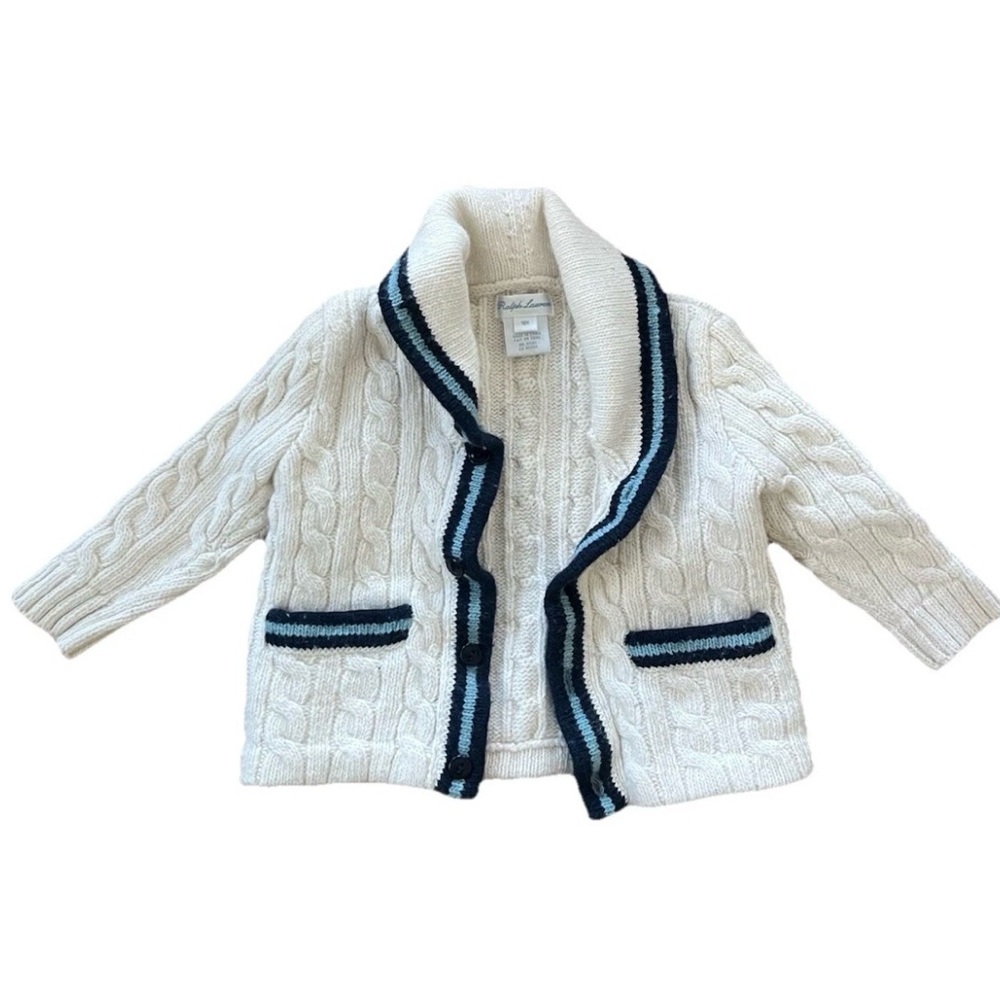 Ralph Lauren White Cable Knit Kids Cardigan with Navy Trim